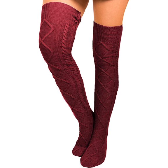 Firefly Hope Women's Winter Cable Knit Thigh High Socks, Warm Over-the-Knee Boot Leg Warmers, Wine Red