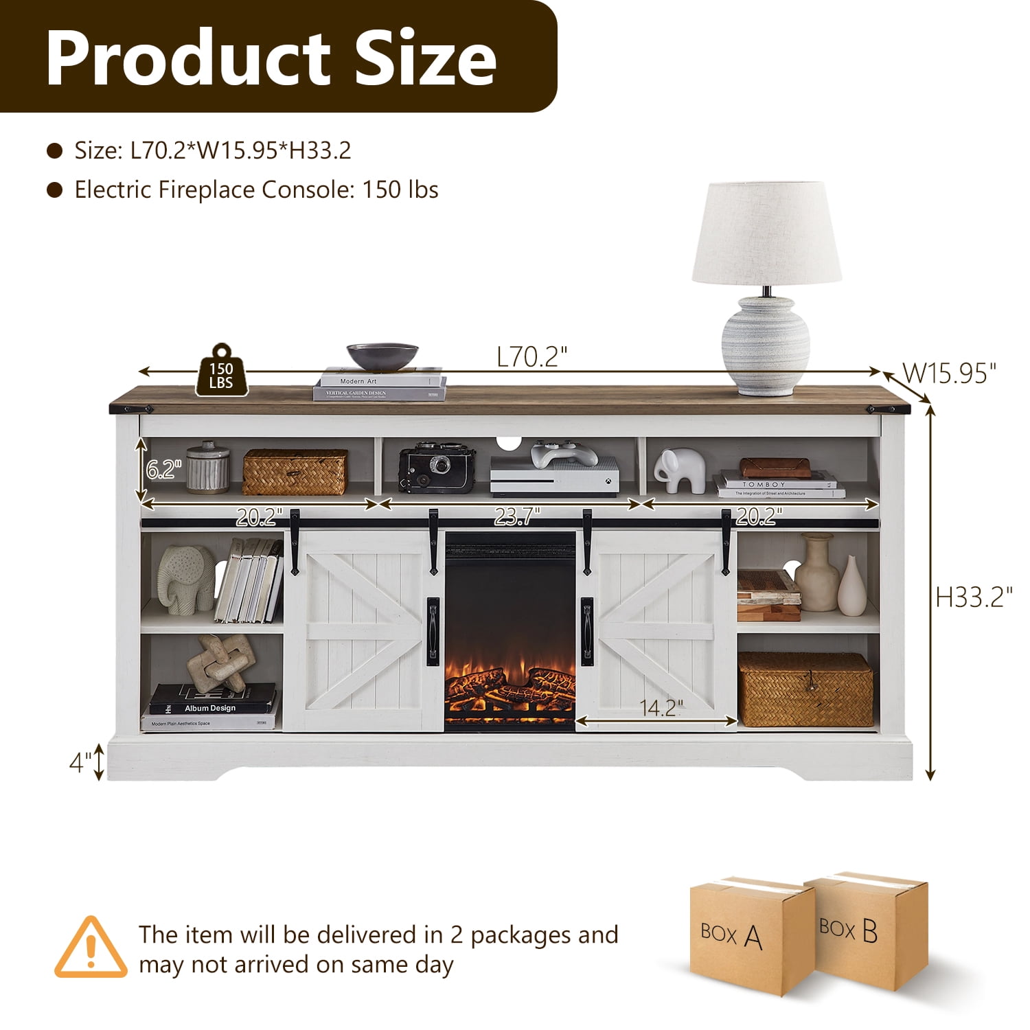 KeyWhat Farmhouse Fireplace TV Stand for TVs up to 80", 37" Electric Fireplace & Barn Door