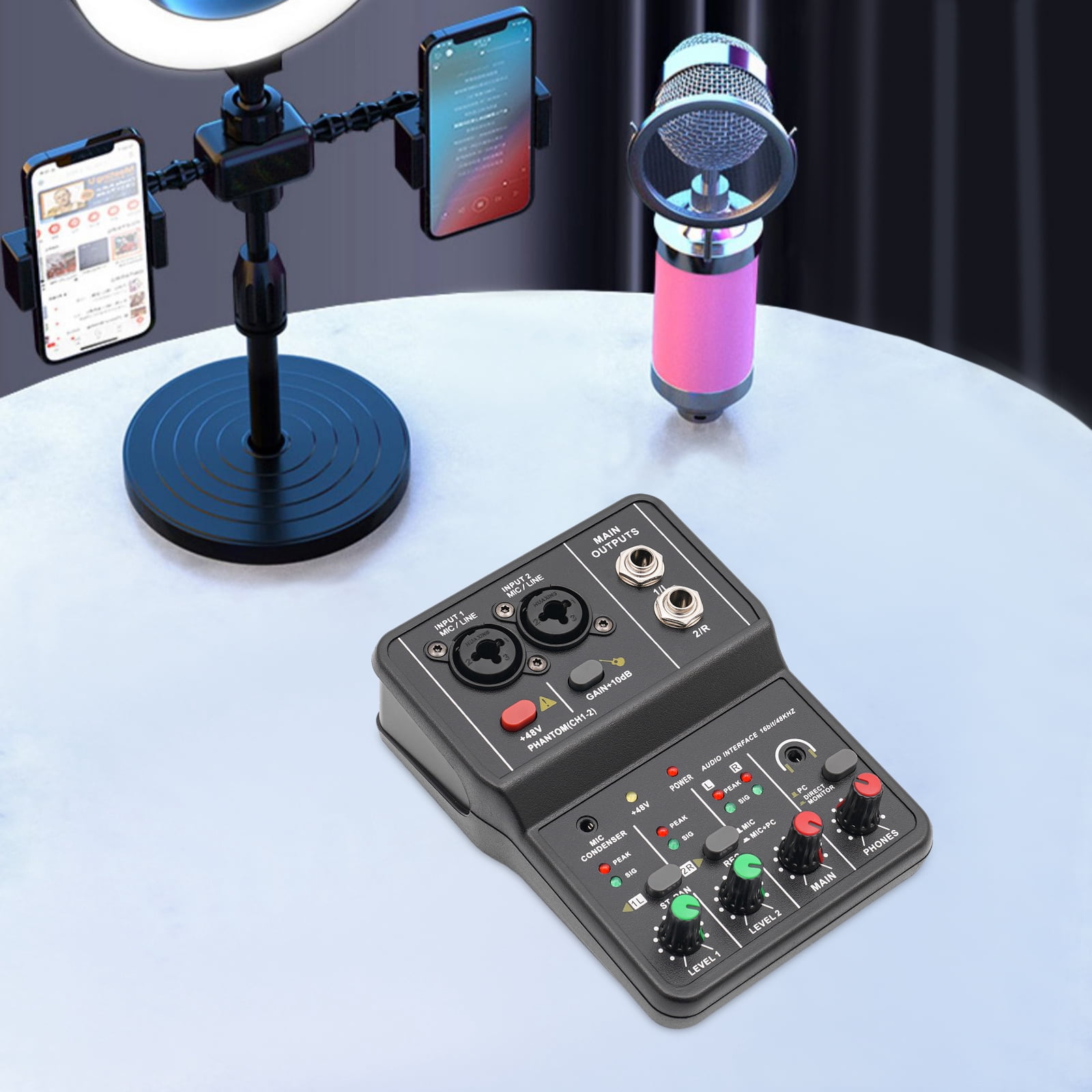 Compact 2-Channel Audio Mixer, 48V Phantom Power, Clear Indicators, Anti-Slip Pads for Smooth Operation in Studio and Events