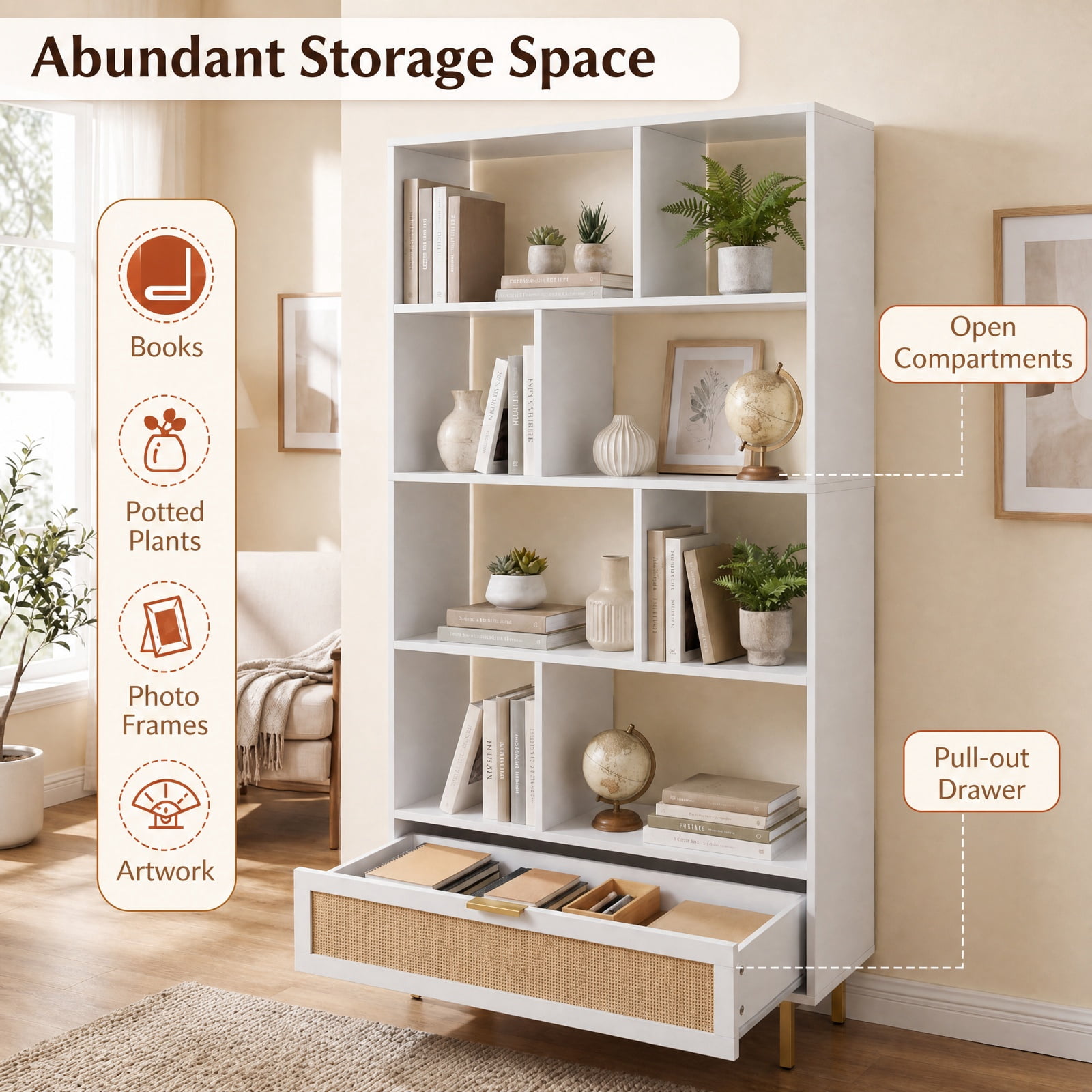 Furnibear 64 inch 6-Tier Tall Wooden Bookcase with 8 Open Cubes for Living Room Home Office Bedroom Display Storage Shelf, White