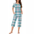 thumbnail image 2 of BiZtdJrK 2 Piece Outfits for Women Casual Pleated Short Sleeve Shirts and Capris Pajamas Lounge Set Trendy Plaid Print Sleepwear Suits with Pockets Daily Sales Blue XXL, 2 of 7