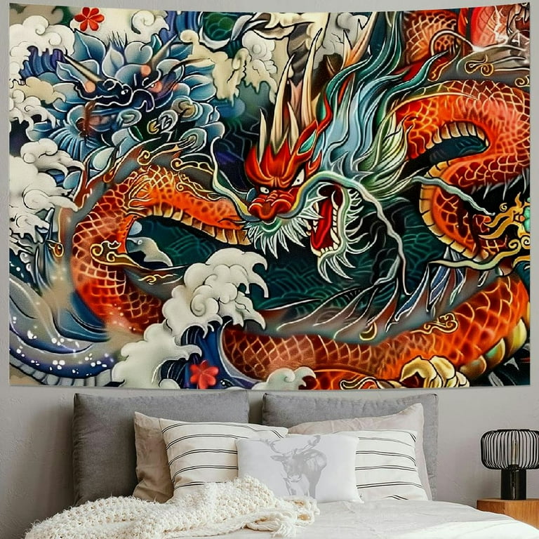 BCIIG Japanese Dragon Tapestry Oni Mask Wall Hanging Aesthetic Anime Tapestry Art for Men Bedroom Living Room Flannel Fabric Asian Decor Walmart