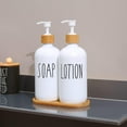 thumbnail image 4 of WOVTE Glass Lotion and  Soap Dispenser Set, Bathroom Soap Dispenser Set with Tray, Suitable for Bathroom Accessories, Housewarming Gift, Countertop Decor, Modern Bathroom Decor (White, 16oz), 4 of 8
