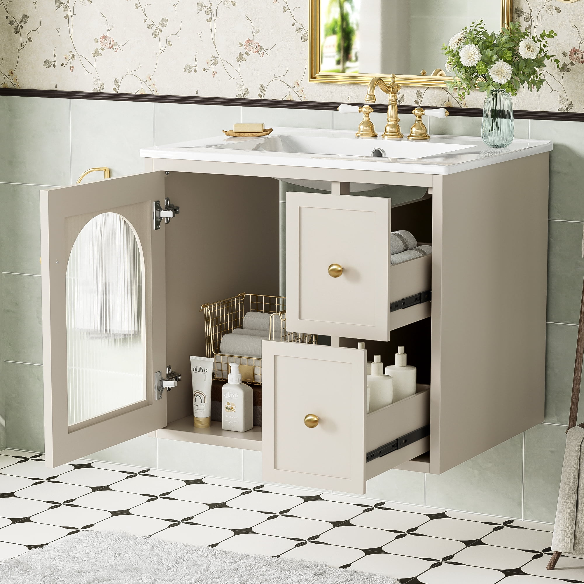 Euroco Wall-Mounted Bathroom Vanity with Ceramic Sink – Glass Door Cabinet, 2 Drawers, Overflow Drain, Easy Assembly & Modern Minimalist Design