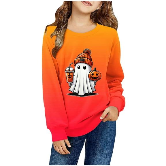 Zwiiyzr Baby's Shirt Long Sleeved Halloween Printed T-Shirt Round Neck Sweatshirt Toddler Fall Spring Pullover Tops for Boys and Girls Size 1-12 T-Shirts Orange