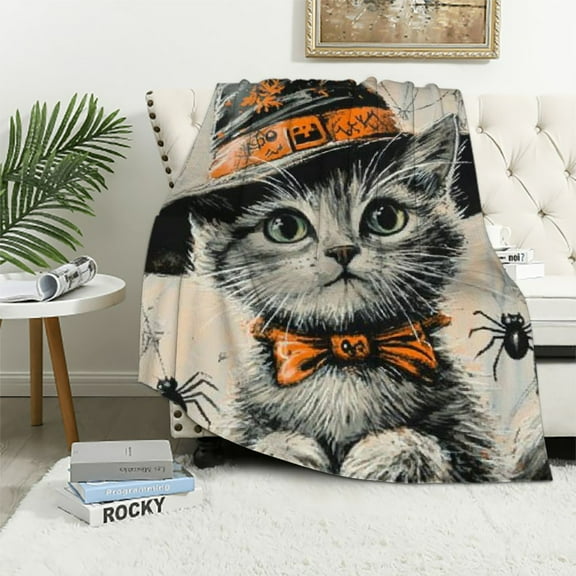 Patifu Halloween Cat Blanket Gothic Horror Scary Throw Blanket Super Soft Warm Cozy Fuzzy Plush Dark Spooky Blanket Gifts for Girls Boys Kids Halloween Decor 40x50in