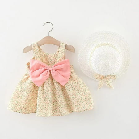 

pop seller Girls Baby Children s Stitching Cute Ha Dress Suspenders Dress + Hat Two-Piece Set