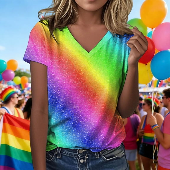 Trendfront Womens Rainbow Pride Graphic T Shirt Colorful Gradient Stripes Print V Neck Short Sleeve Tee Festive Party Tops