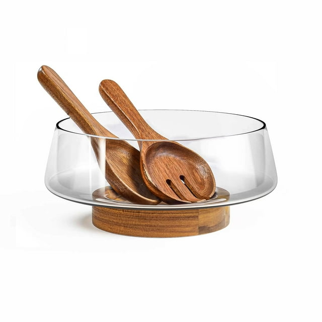 Set de ensaladera de vidrio KITEISCAT con base de madera de acacia