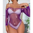 thumbnail image 2 of Women Sexy Sparkle Rhinestone Teddy Fishnet Long Sleeve One Piece Bodysuit, 2 of 3