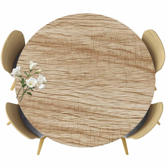 Round Table Cover 55-60 Inch Country Farmhouse Waterproof Reusable Table Cloth Round Fitted Vinyl Tablecloth with Elastic Edged for Parties Outdoors, Vintage Brown Wooden Grain