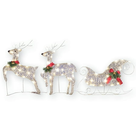 Outdoor Lighted Reindeer Christmas Santa Sleigh Set