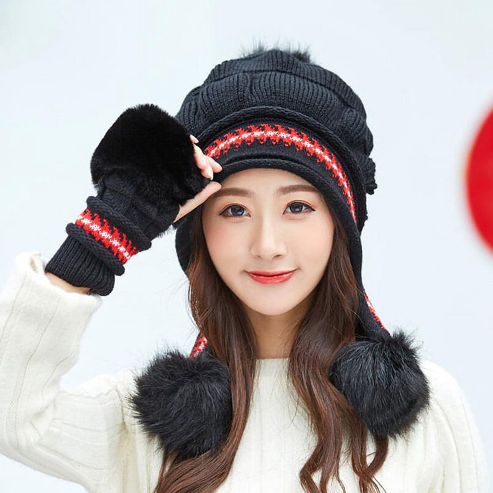 Winter Hat Gloves Set for Women Girls Warm Beanies Pompoms Winter Snow Ski Hats Knitted Caps and Gloves