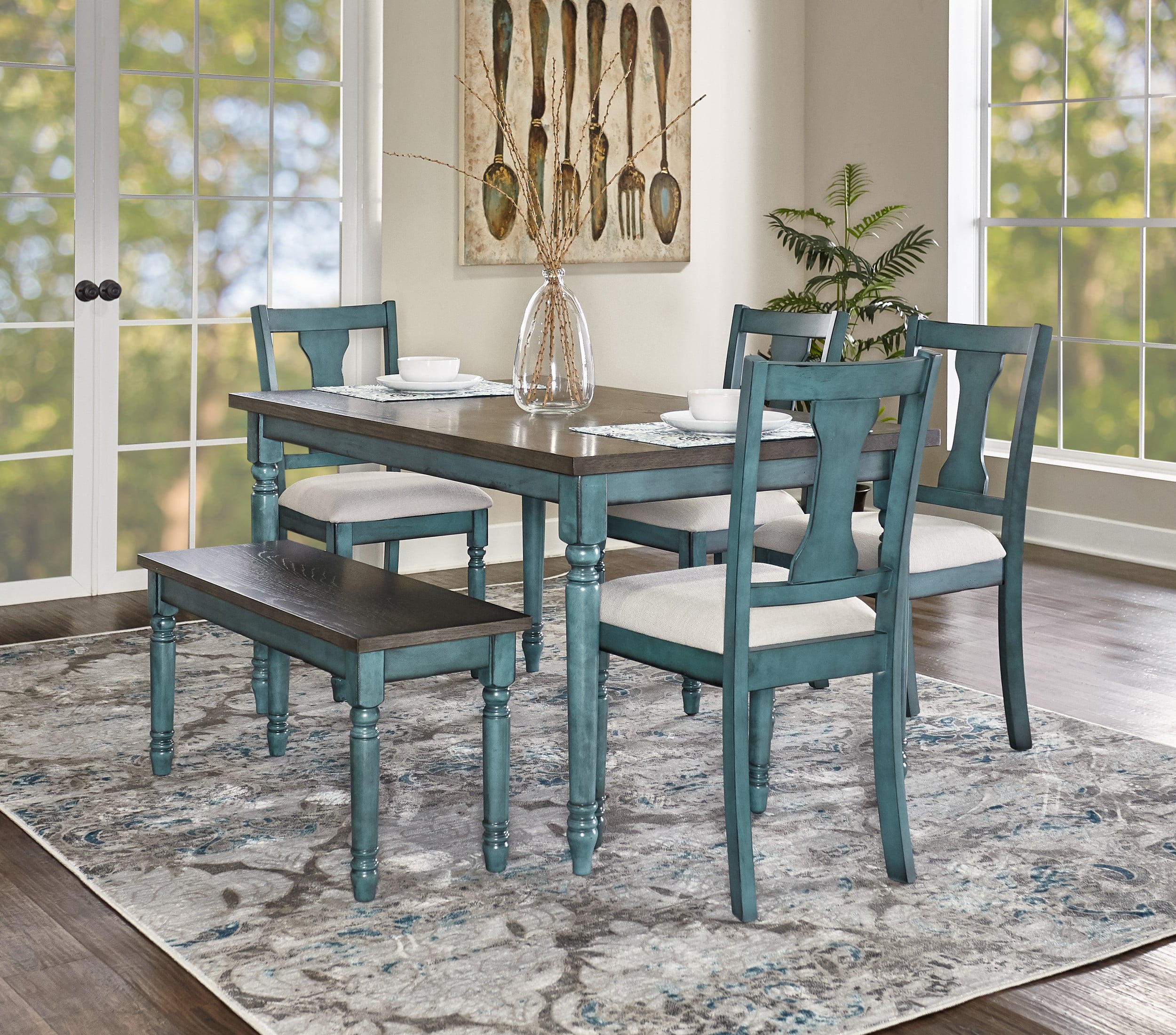 teal dining table and chairs