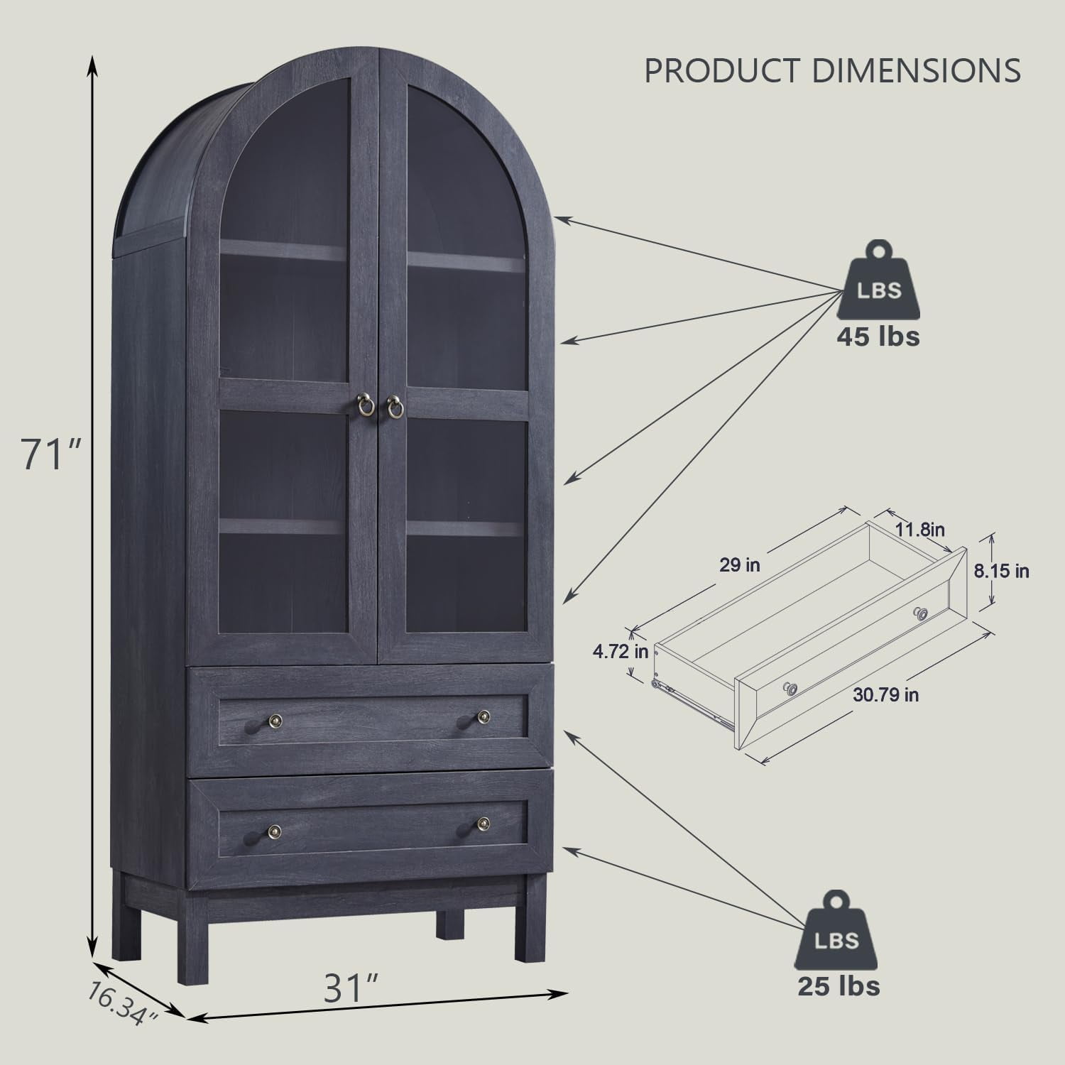 71" Tall Arched Bookshelf, 4-Tier Bookcase with Glass Doors and Shelves, Wooden Display Cabinet w/2 Large Storage Drawers
