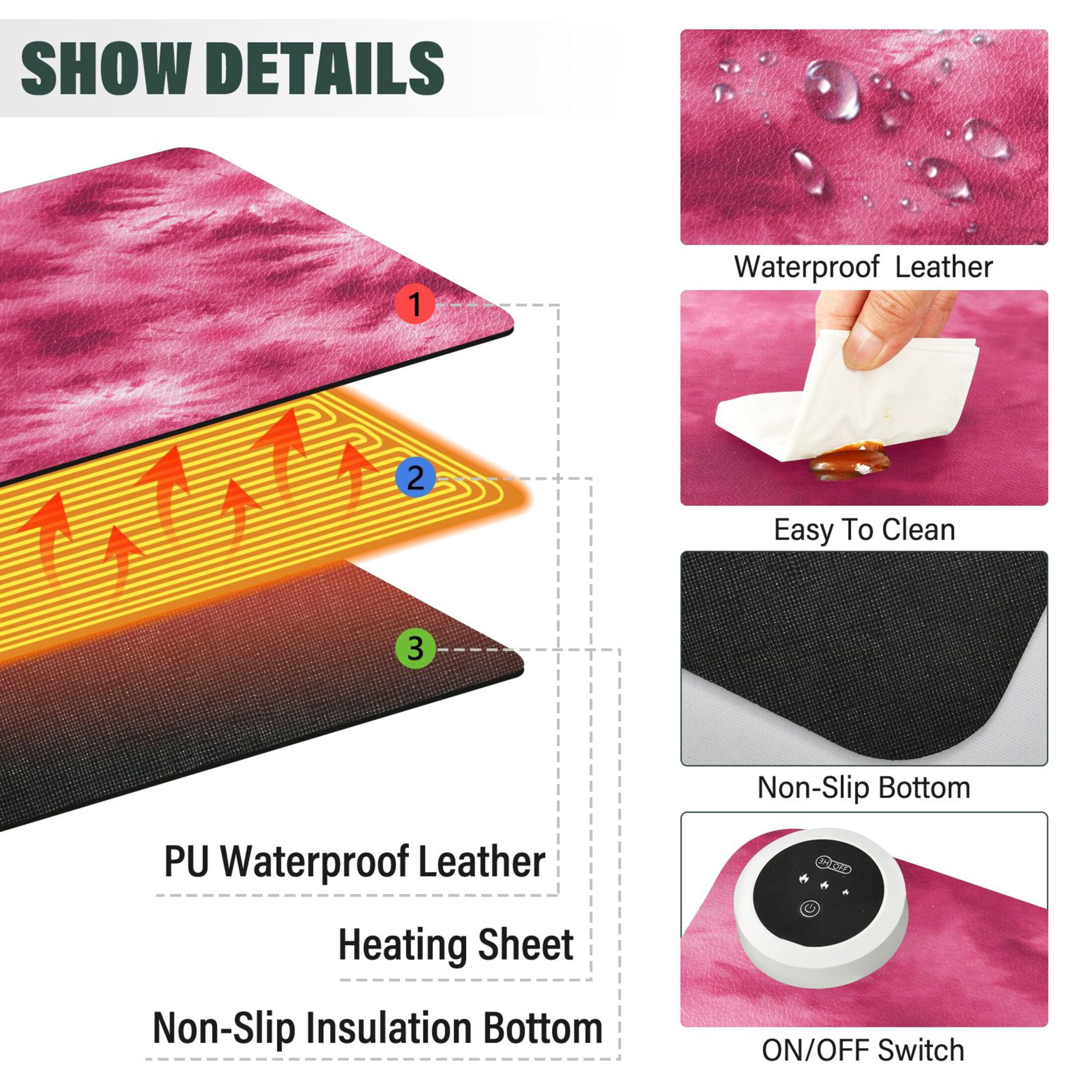 Large Heated Desk Mat Mouse Pad 31.5"x13"PU Leather Graphene Heating Desk Warmer with 3 Temperature Settings 110V US Plug Non-Slip Warm Pad for Home, Office, and Gaming Rose Red Tie-dye Pattern