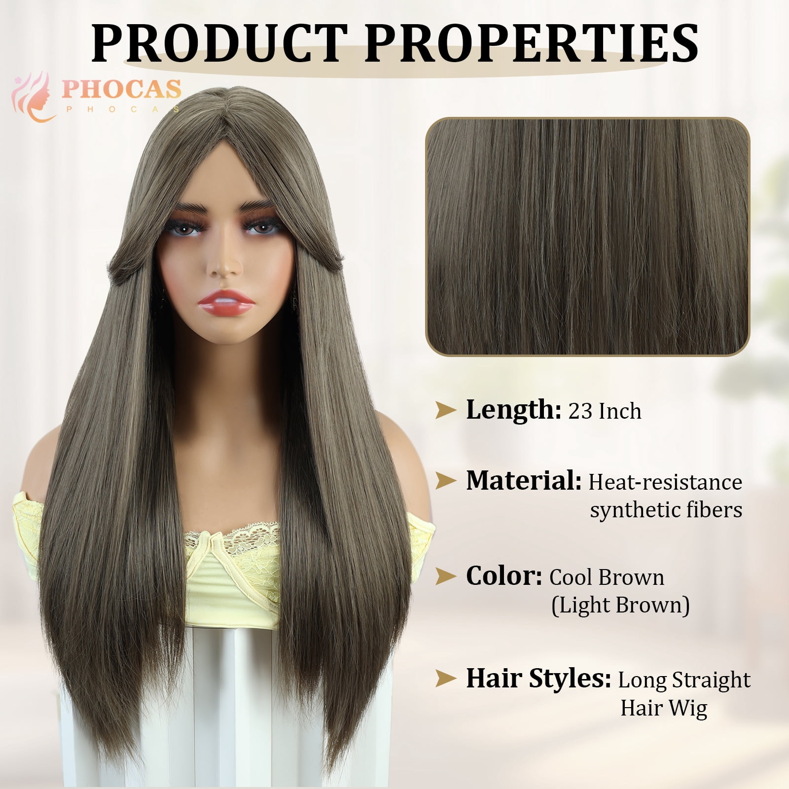 Phocas 23" Long Straight Brown Wig with Bangs Middle Part Layered Cool Light Brown Wig Wear and Go Heat-Resistant Natural Synthetic Wigs for Women Daily Party Use