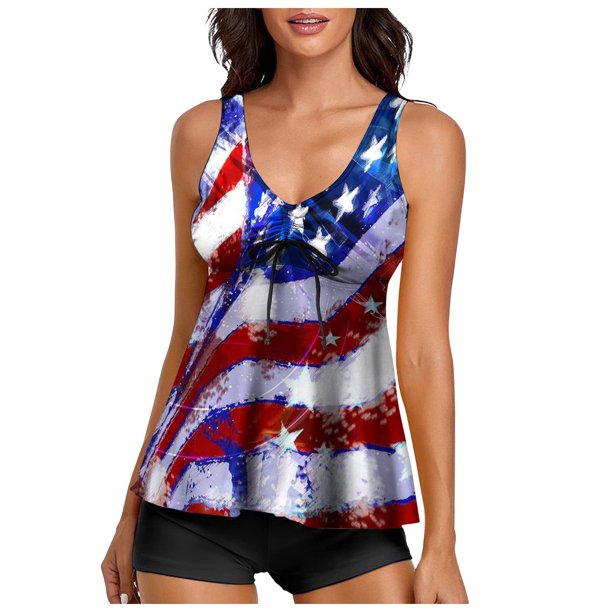 MKLEKYY Trajes De Baño Mujer Women'S Summer Tankini Swimsuit Two Piece Printed Suspender Shorts Split Swimsuit (4)