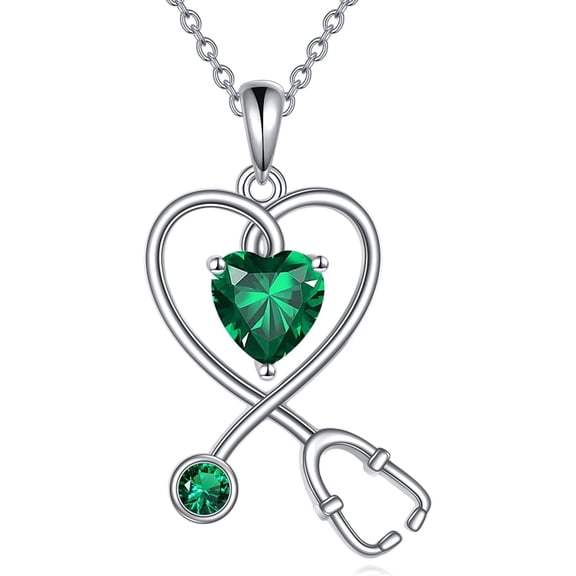 Nurse Necklace for Women 925 Sterling Silver Stethoscope Pendant Necklace Heart May Birthstone Jewelry Gift