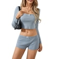 thumbnail image 2 of Biekopu Women Pajama Set, Long Sleeve Bow Crop Top with Low Waist Shorts Sleepwear Loungewear, 2 of 9