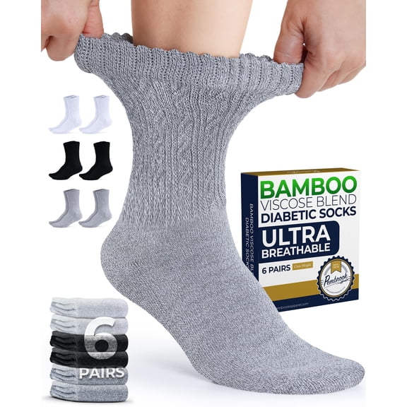 Pembrook® Womens Diabetic Socks Size 9-11, Diabetic Crew Socks, Non Binding Socks for Swollen Feet, Socks for Diabetics Women & Men, Bamboo Viscose Breathable Socks, Black White Gray 6 Pairs