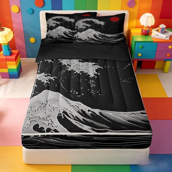 meiyoeat Japanese Black Wave Zipper Twin Comforter Sets with Fitted Sheet and 2 Pillowcases For Kids,Ukiyo-E Style Print Zipper Bedding Set,Black Reversible,4 Pieces
