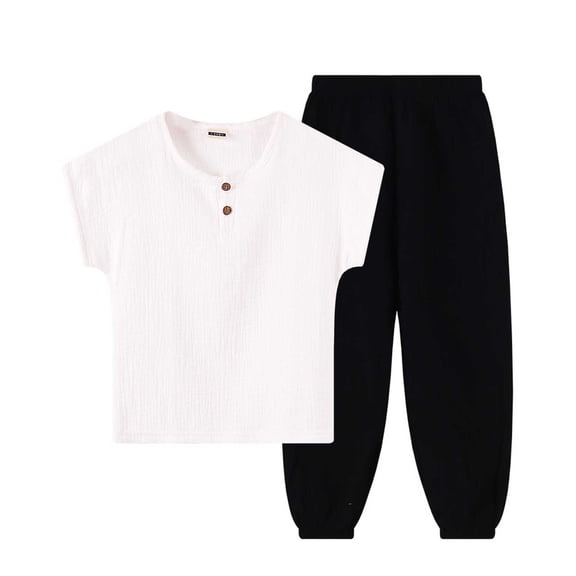 Qingpeng Kids Summer Solid Color Short Sleeve Crew Neck Top And Elastic Waist Long Pants Casual Sports Matching Outfit Set for Kids