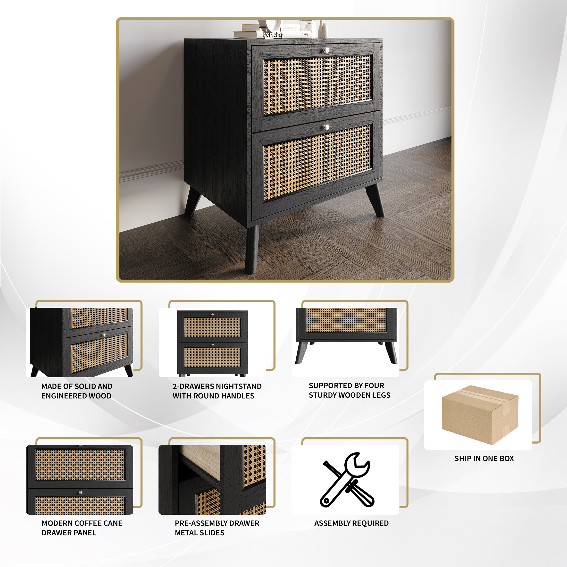 Castle Place Rattan 2 Drawers Wooden Nightstand, Black
