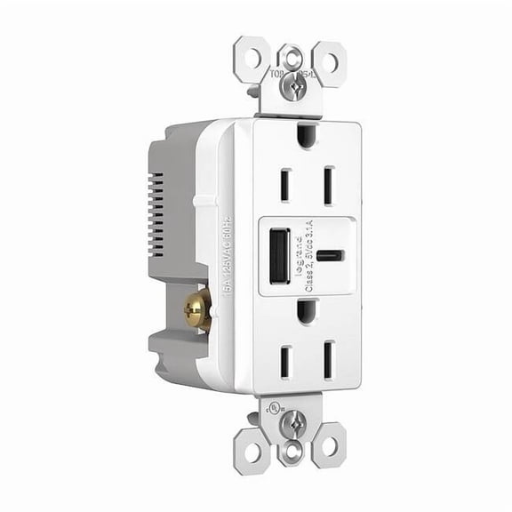 Legrand USB Charger Recept,15 A,White,Type A/C R26USBACW