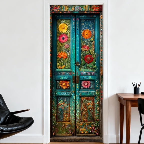 Voguly Boho Door Sticker Floral Art 30.3x79.8in Peel and Stick Door Decal for Bedroom Living Room Home Decor Removable Vinyl