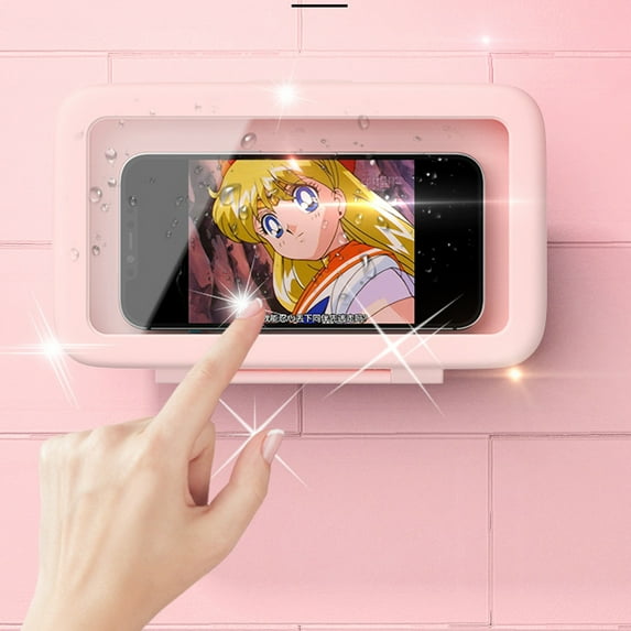 Bathroom Waterproof Phone Case Mobile Phone Holder Rotating Wall-Mounted Mobile Phone Stand Storage Box Punch-Free Bracket(Pink)