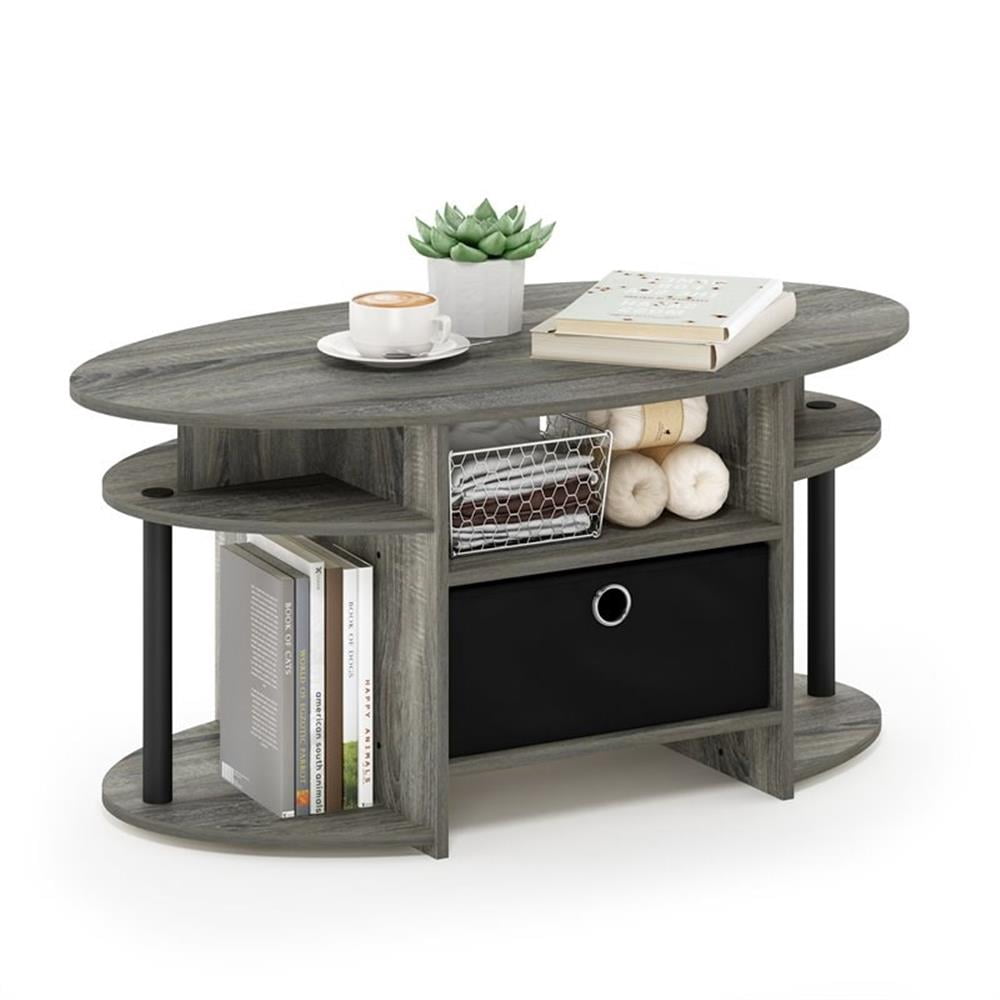 Furinno JAYA Simple Design Oval Coffee Table with Bin, French Oak Grey/Black