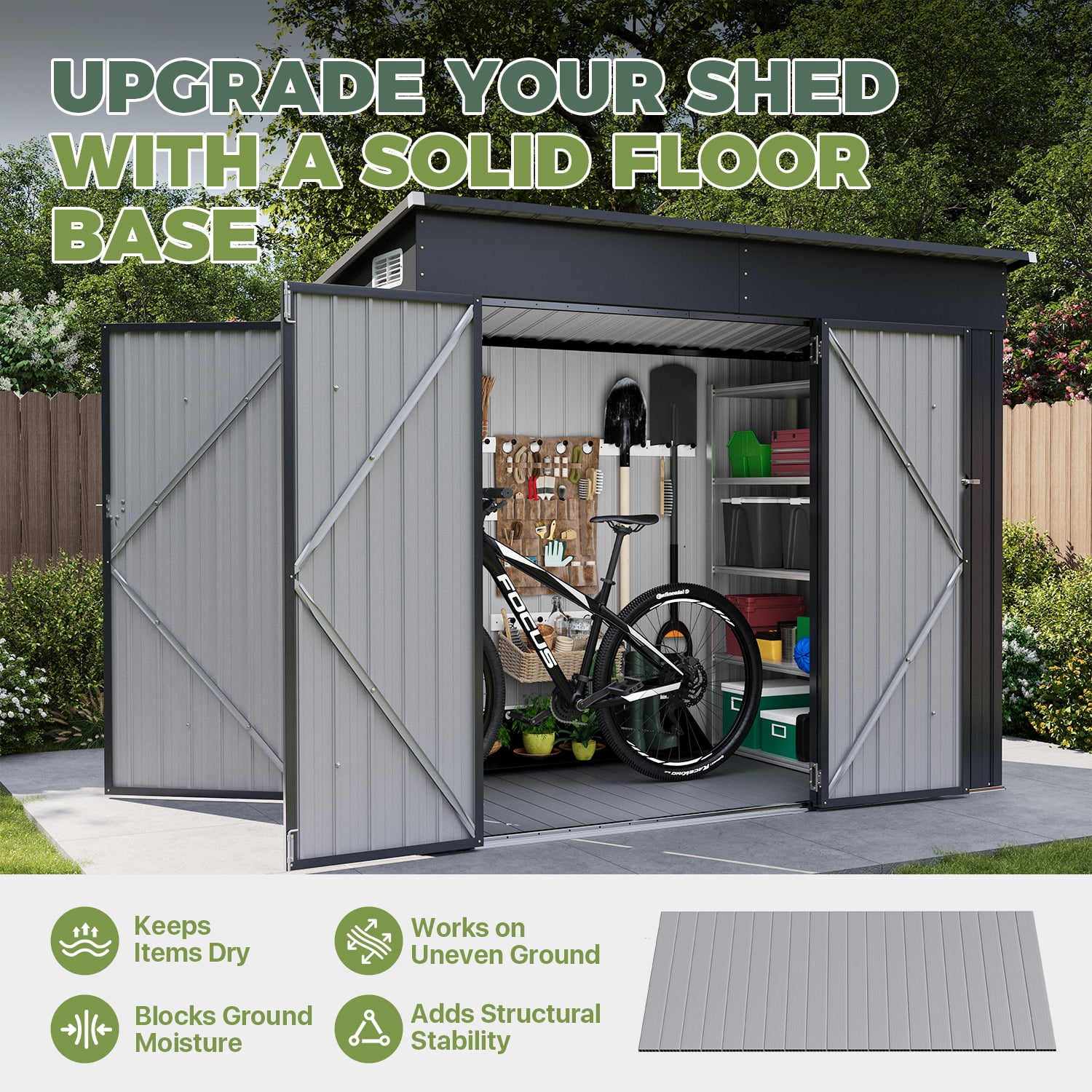 BaPiPro 8'x4' Lean-to Metal Storage Shed with Floor, Outdoor Lockable Shed with Triple Doors & Vents for Garden, Backyard, Patio - Black