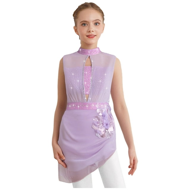 Oyolan Robe de Patinage Artistique Brillante pour Filles, Robe de Danse Lyrique, Justaucorps de Ballet à Jupe Froncée pour Compétition, Lavande 8