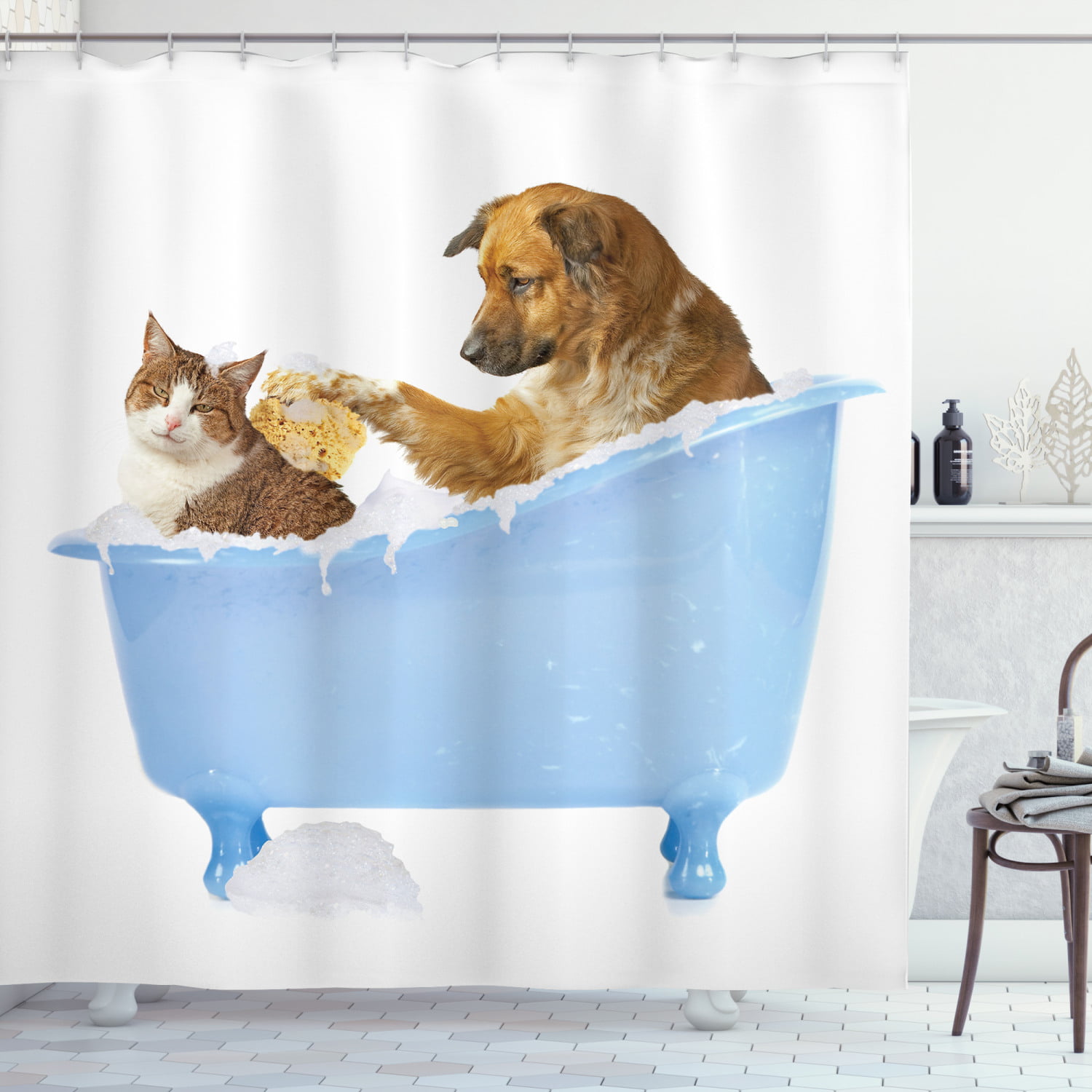 72x72'' Bathroom Waterproof Fabric Shower Curtain 12 Hooks Cute Dog Love Cat 