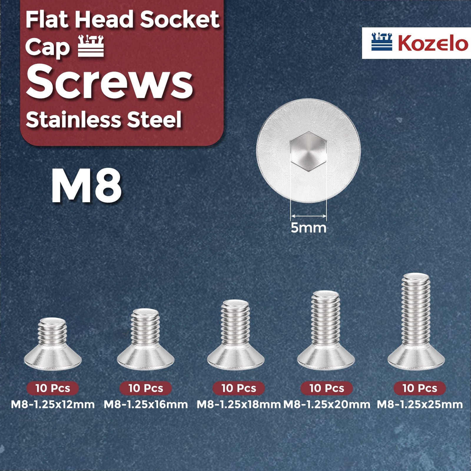Uxcell 50Pcs Flat Socket Cap Screws - [M8x1.25x12/16/18/20/25], 304 Stainless Steel 18-8 Countersunk Bolt, Silver, for Automotive, Furniture Repair, Industrial Equipment Fixes