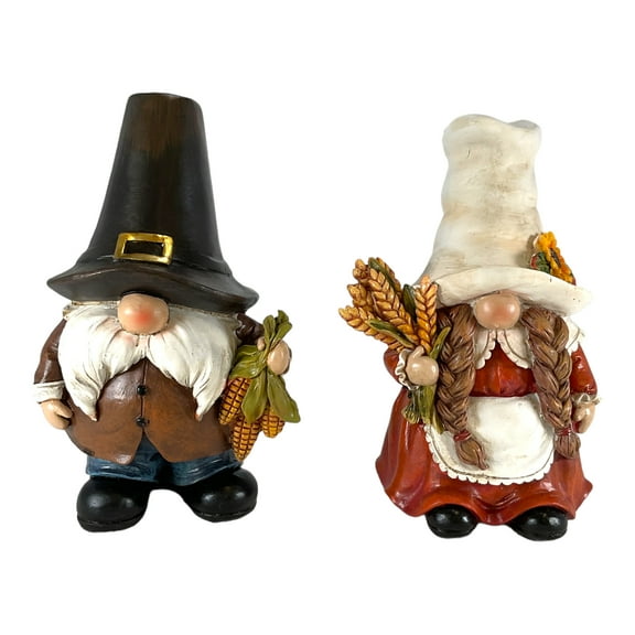 Male and Female Harvest Fall Pilgrim Gnome Figurines 6.3 Inch 2 Piece Set