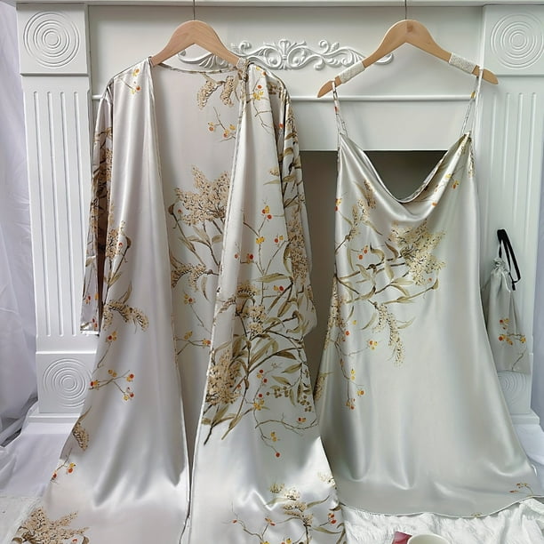 Conjunto de pijamas con estampado de cerezas pequeñas de 3 uds, bata de manga larga cómoda y minivestido de camisola sexy y bolsa de almacenamiento, ropa de dormir y ropa de dormir para mujer