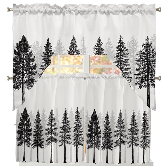 Pine Forest Swag Kitchen Curtains Sets for Windows 24 Inch Length, Contemporary Mist Gray Black Botanical Short Window Curtain Panels Swags Valances and Tiers 3 Piece Set for Cafe/Dining Room