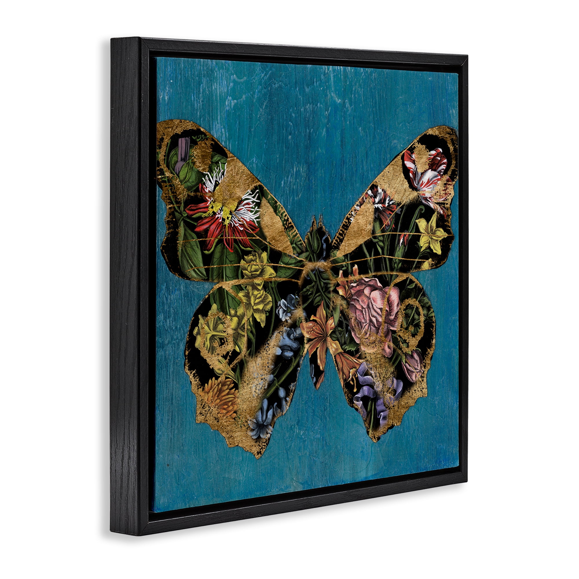 Stupell Industries Vivid Blue with Butterfly Animals Painting Black Floater Framed Canvas Art Print Wall Art, 18 x 18