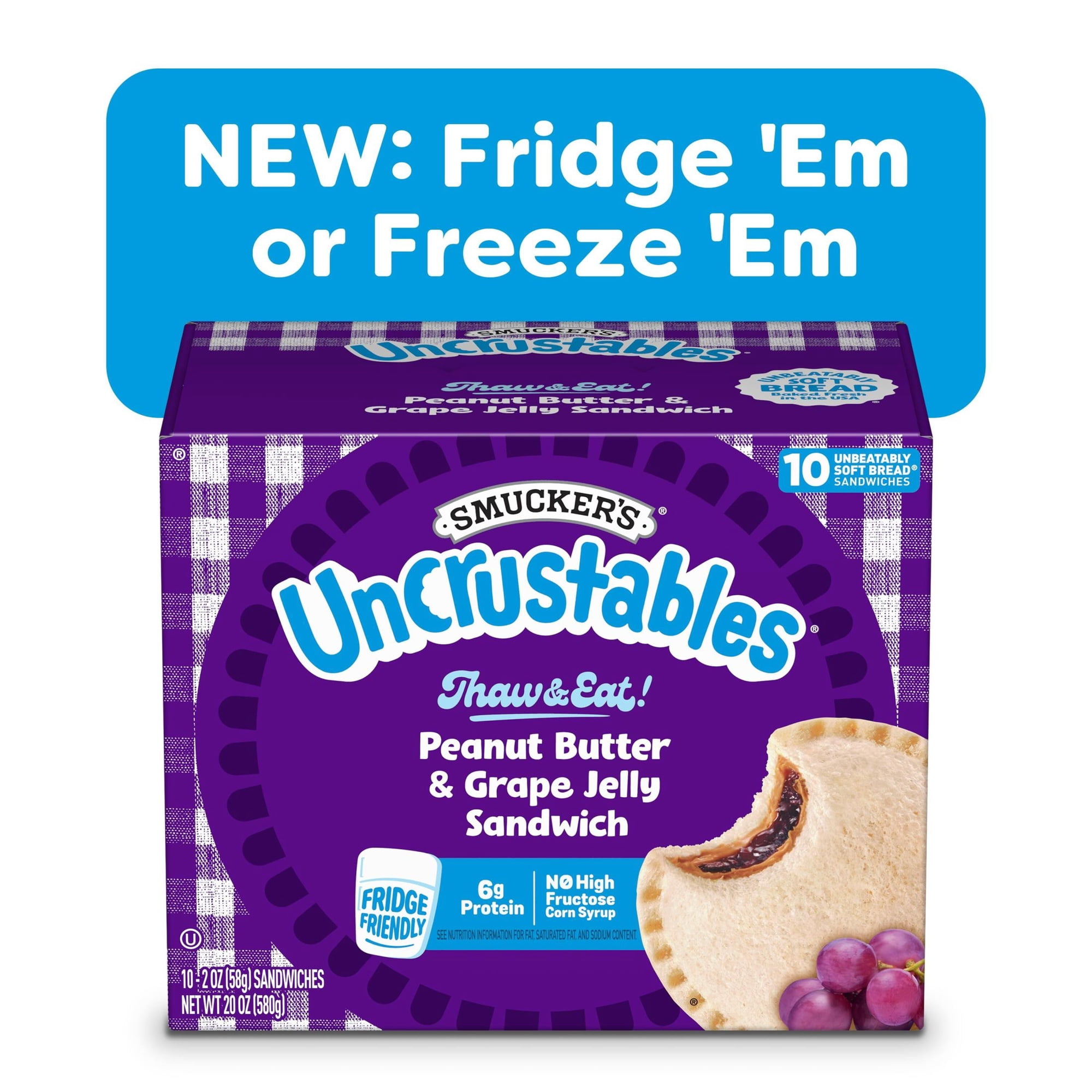 Smucker’s Uncrustables Peanut Butter & Grape Jelly Sandwiches, 10 Count, 2 oz Each, Frozen