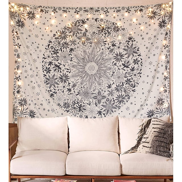Tapiz bohemio para colgar en la pared, tapiz floral beige y blanco con estampado de medallón de margaritas y lunares para decoración de dormitorio Tapiz bohemio floral en blanco y negro con estampado