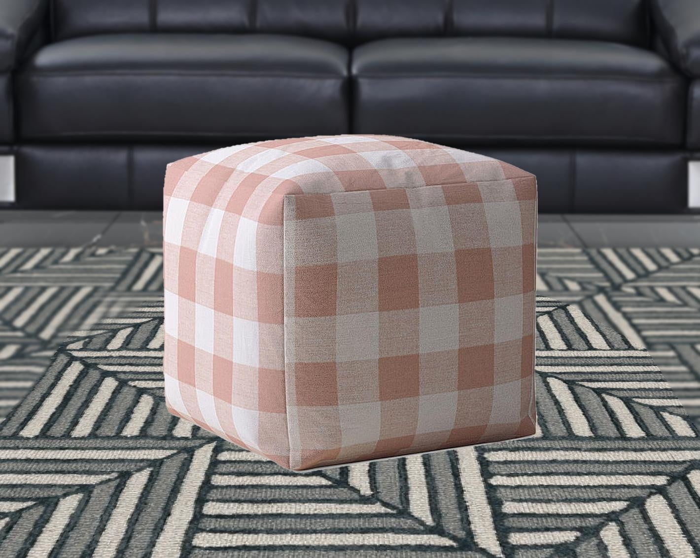 HomeRoots 518221 17 x 17 x 17 in. Pink & White Cotton Gingham Pouf Ottoman
