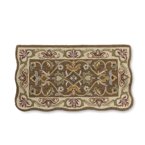 Hand Tufted Fire Resistant Scalloped Wool Hearth Rug, 25" x 45", Brown