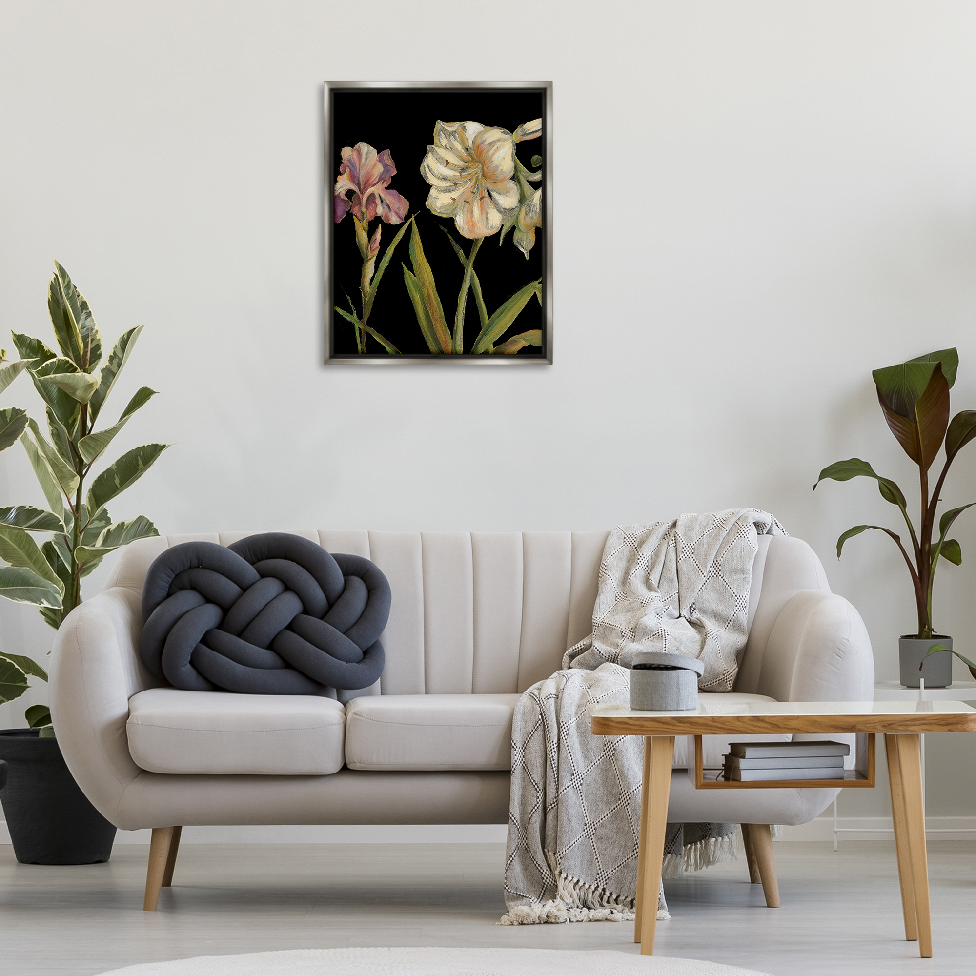 Stupell Industries Iris Flowers on Black Botanical & Floral Painting Gray Floater Framed Canvas Art Print Wall Art, 25 x 31