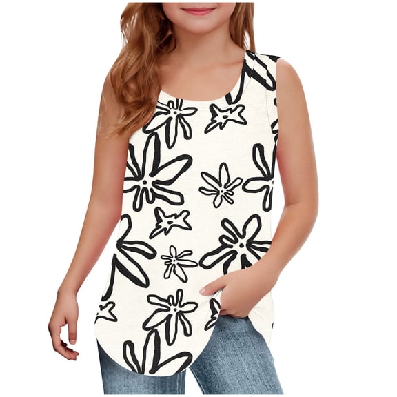 Girls Summer Floral Tank Tops Curved Hem Sleeveless Square Neck T-Shirts Casual Graphic Tees Loose Fit Shirt White, 5-6 Years