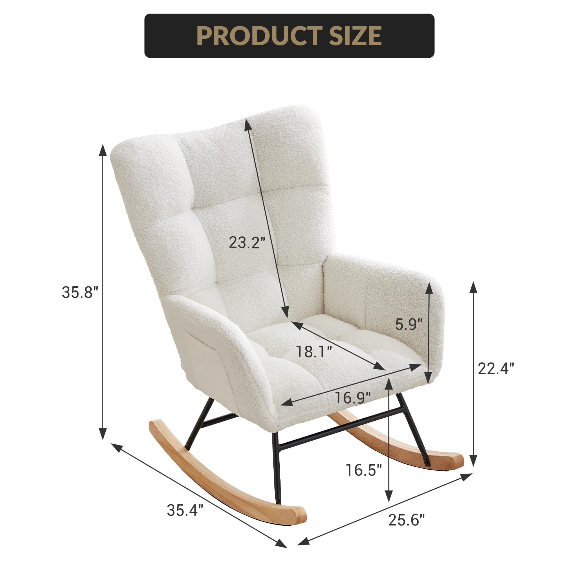300Lbs Load-Bearing Nursery Glider Rocking Chair, Teddy Upholstered, High Backrest & Armrests, Side Pockets, Padded Seat, High Backrest, Armrests, Metal Legs & Wood Base for Living Room, Bedroom