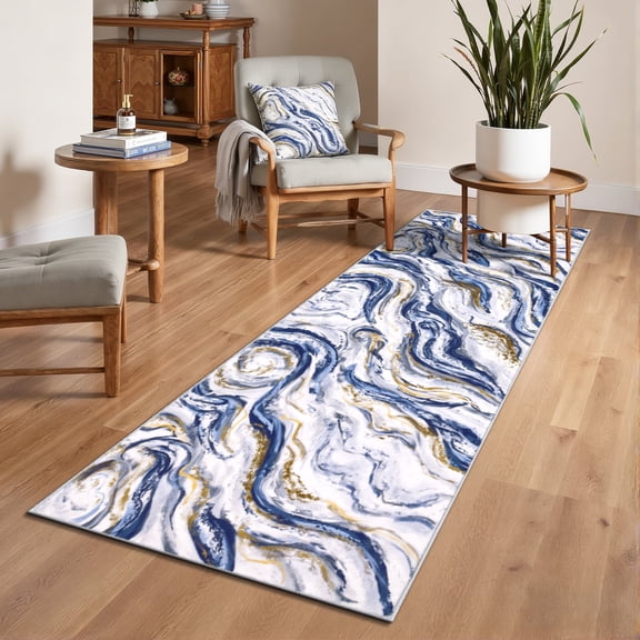 Runner Rugs for Hallway, Yamaziot 2'x6' Abstract Runner Rug, Washable Non Slip Blue Modern Bedroom Carpet Accent Rug Kitchen Runner Laundry Room Mat