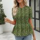 thumbnail image 3 of Camisa de manga corta abullonada con dobladillo con volantes verdes para mujer, parte superior elástica con estampado floral XXL, 3 of 6