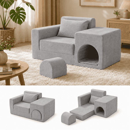 BelvaraHome 2-in-1 Human & Pet Lounge Chair Ottoman Memory Foam & Velvet Upholstery Gray